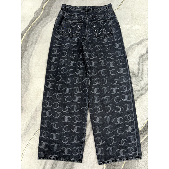 Chanel 23B Runway Black Denim White CC Printed Logo Baggy Oversized Jeans 36 - Picture 11 of 11